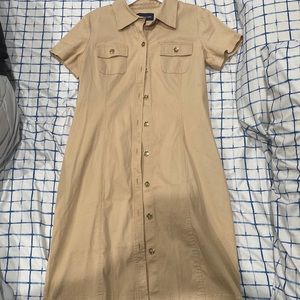 tan coat/button up dress